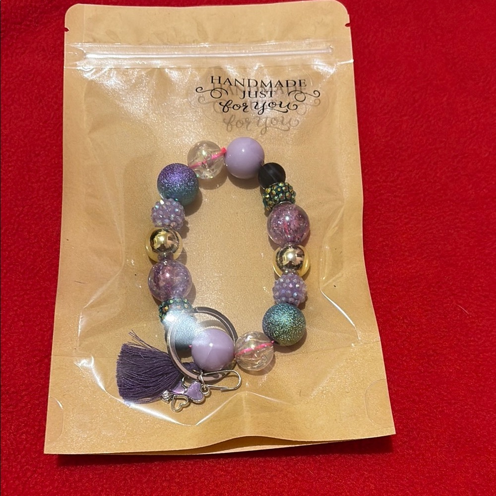 Handmade Beaded Keyring Bracelet with Purple and Gold Accents
